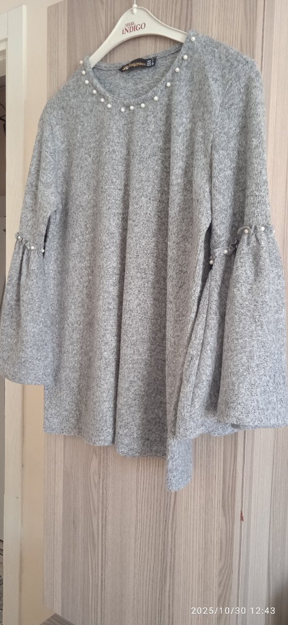 Gri Kadın İnce Örgü Düğmeli Bohem Kazak - Görsel 2