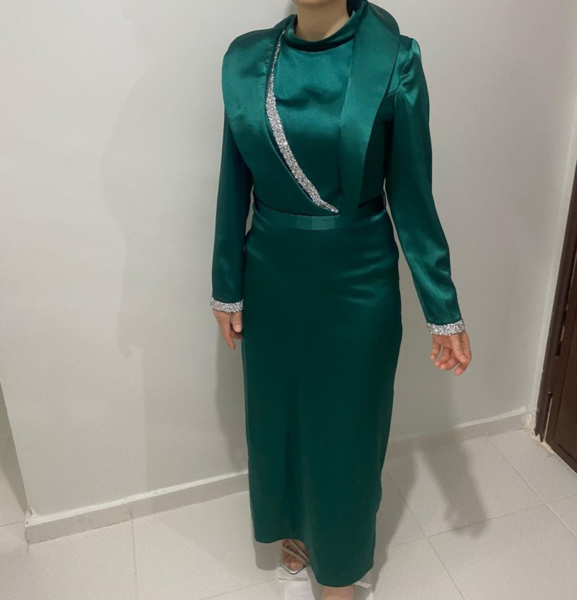 Yeşil Parlak Uzun Kollu Kadın Abiye Elbise - Görsel 2