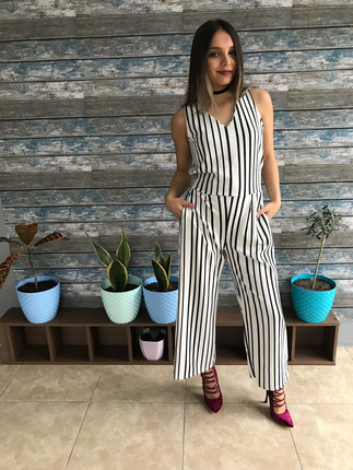 Çizgili beli lastikli tulum