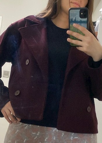 Bordo Kruvaze Yaka Düğmeli Oversize Ceket - Görsel 5