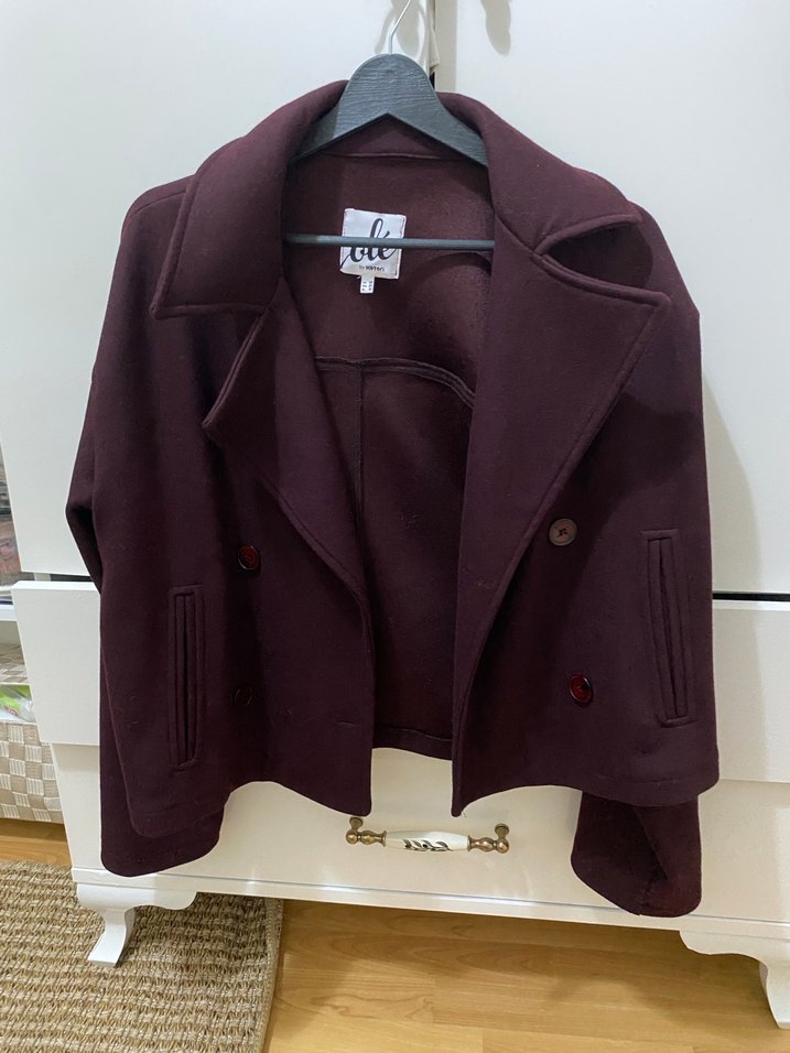 Bordo Kruvaze Yaka Düğmeli Oversize Ceket - Görsel 3