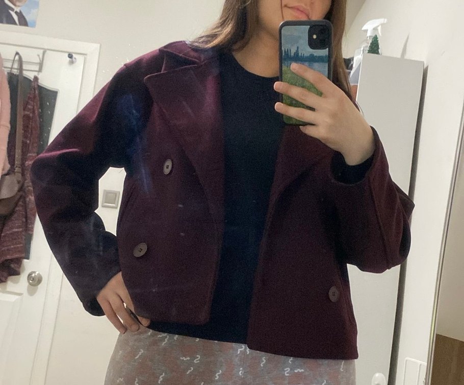 Bordo Kruvaze Yaka Düğmeli Oversize Ceket - Görsel 5