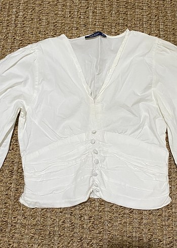 Düğmeli Beyaz Keten V Yaka Kadın Gömlek - Görsel 2