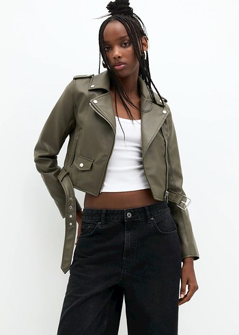 Pull and Bear Yeşil Deri Ceket - Görsel 4