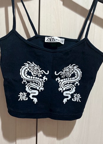 Siyah Baskılı İnce Askılı Crop Top