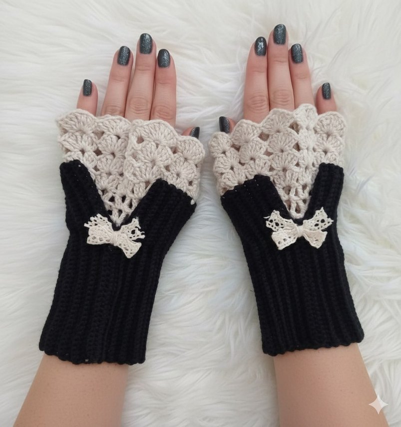 Dantel Detaylı Siyah-Beyaz Örgü Eldiven - Görsel 2