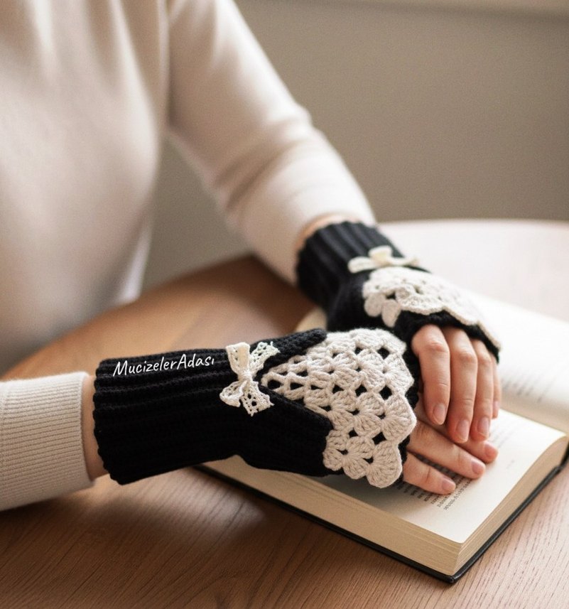 Dantel Detaylı Siyah-Beyaz Örgü Eldiven - Görsel 3