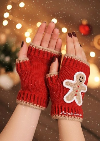 Kırmızı Örgü Parmaksız Kadın Eldiveni - Görsel 3