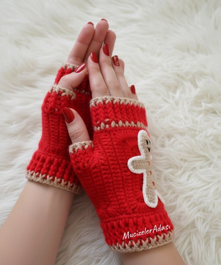Kırmızı Örgü Parmaksız Kadın Eldiveni - Görsel 4