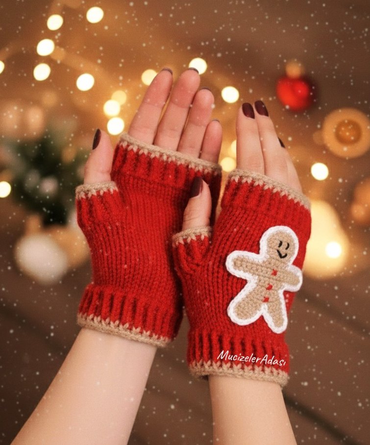 Kırmızı Örgü Parmaksız Kadın Eldiveni - Görsel 3