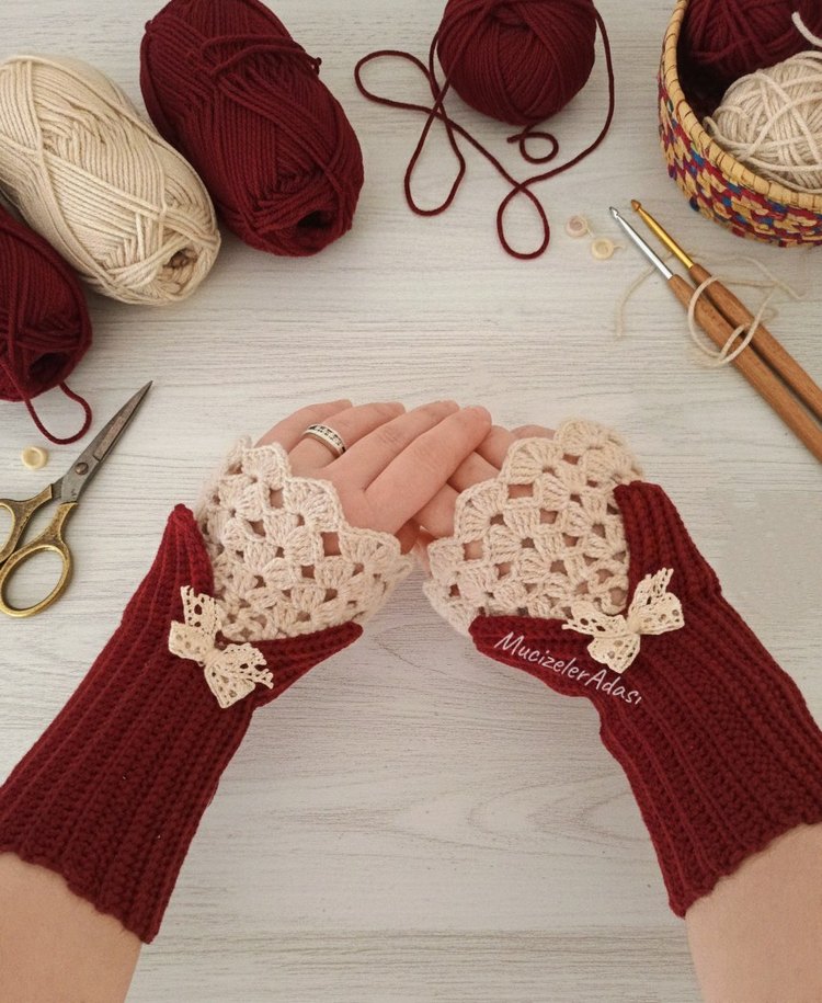 Bordo Dantel Detaylı Vintage Örgü Eldiven - Görsel 2