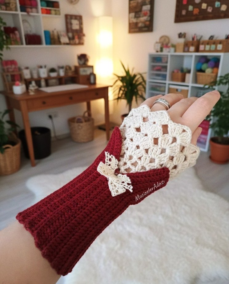 Bordo Dantel Detaylı Vintage Örgü Eldiven - Görsel 3