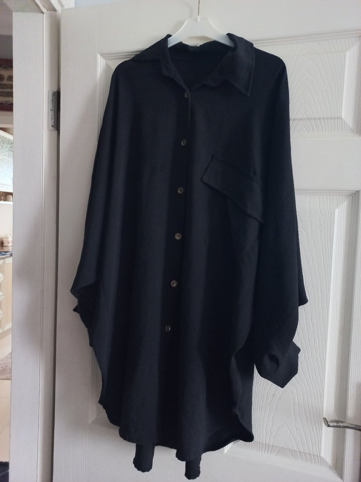 Siyah Uzun Kollu Bol Kesim Keten Gömlek - Görsel 2