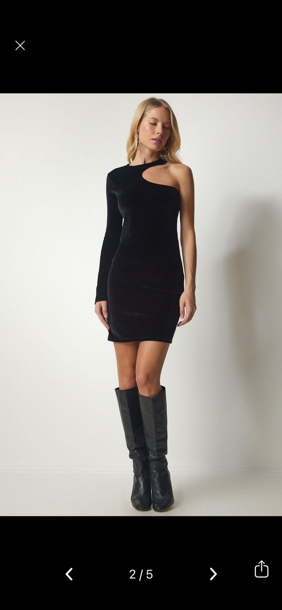 Siyah Tek Kollu Kadifemsi Elbise - Görsel 2