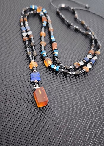 Fosilli Baltık Damla Kehribar-Karışık Doğaltaş Bohem Kolye - Görsel 6