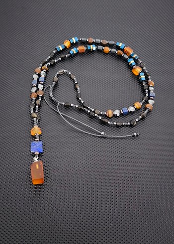 Fosilli Baltık Damla Kehribar-Karışık Doğaltaş Bohem Kolye - Görsel 8