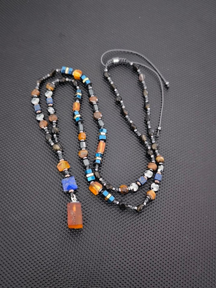 Fosilli Baltık Damla Kehribar-Karışık Doğaltaş Bohem Kolye - Görsel 3