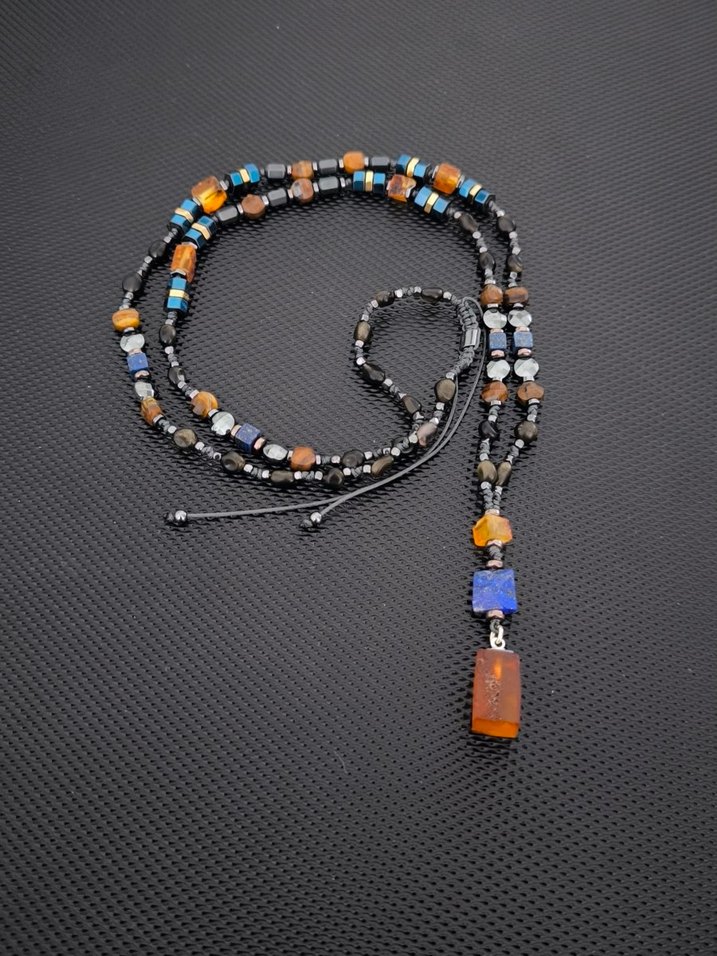 Fosilli Baltık Damla Kehribar-Karışık Doğaltaş Bohem Kolye - Görsel 5