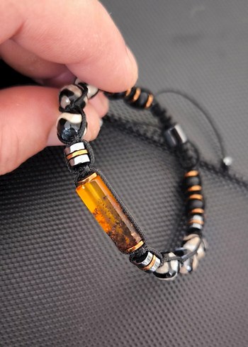 Fosilli Baltık Kehribar-Tibet Akiği Doğaltaş Erkek Bileklik - Görsel 4