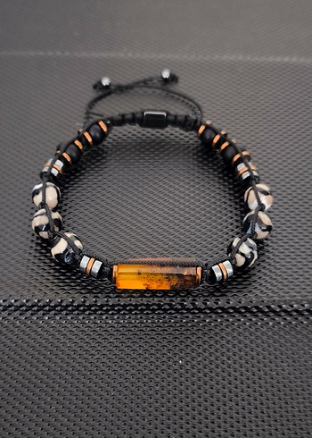 Fosilli Baltık Kehribar-Tibet Akiği Doğaltaş Erkek Bileklik - Görsel 7