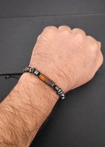 Fosilli Baltık Kehribar-Tibet Akiği Doğaltaş Erkek Bileklik - Görsel 2