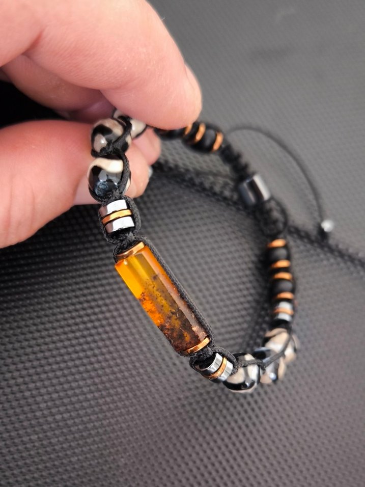 Fosilli Baltık Kehribar-Tibet Akiği Doğaltaş Erkek Bileklik - Görsel 4