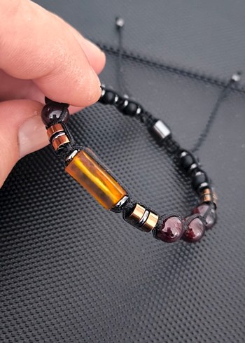 Fosilli Baltık Damla Kehribar-Lal Garnet Doğaltaş Bileklik - Görsel 4