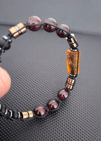 Fosilli Baltık Damla Kehribar-Lal Garnet Doğaltaş Bileklik - Görsel 8
