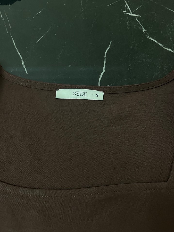 Kahverengi Uzun Kollu Drapeli Elbise - Görsel 2