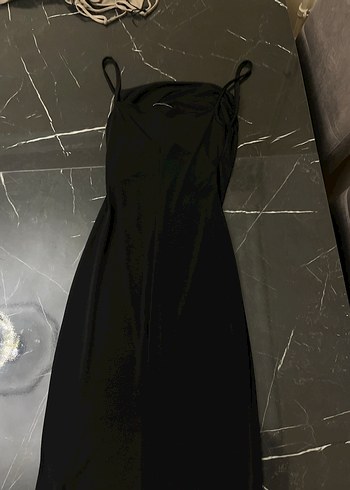 Siyah Uzun Askılı Drapeli Kadın Elbise - Görsel 2