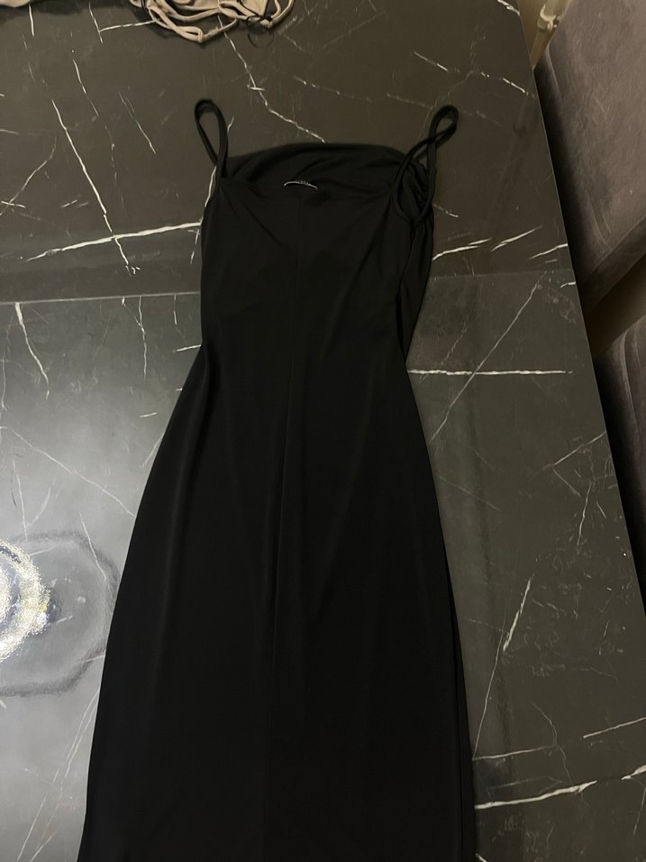 Siyah Uzun Askılı Drapeli Kadın Elbise - Görsel 2