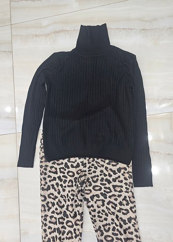 m Beden kahverengi Renk Leopar Desenli Örme İspanyol Paça Pantolon takim olarak satişta