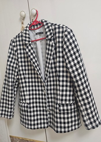 38 Beden beyaz Renk Düğmeli Beyaz Siyah Kareli Kadın Blazer Ceket