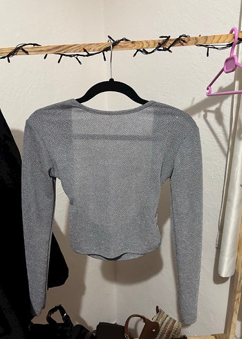 Diğer Gri Belden Tokalı Uzun Kollu Crop Bluz