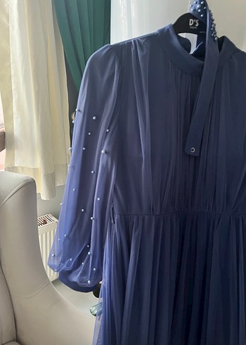 Uzun Kollu Lacivert Bohem Kadın Abiye Elbise - Görsel 2