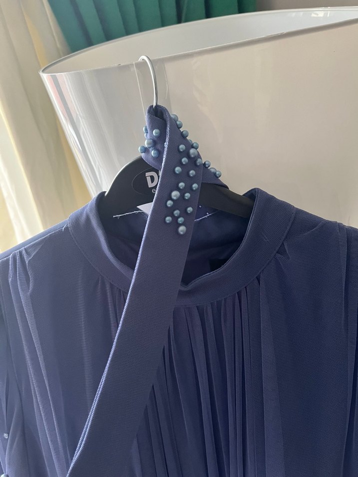 Uzun Kollu Lacivert Bohem Kadın Abiye Elbise - Görsel 3