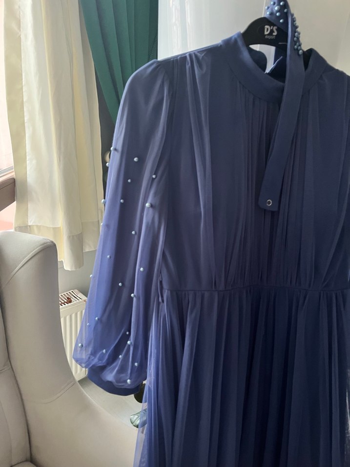 Uzun Kollu Lacivert Bohem Kadın Abiye Elbise - Görsel 2