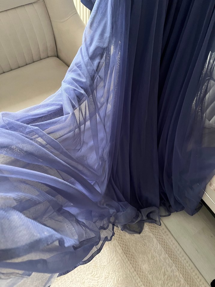 Uzun Kollu Lacivert Bohem Kadın Abiye Elbise - Görsel 4