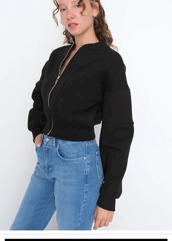 Siyah Fermuarlı Crop Sweatshirt - Görsel 2