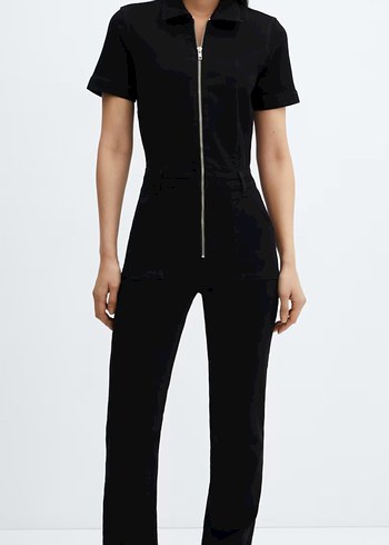 Siyah Fermuarlı Kısa Kollu Kadın Tulum - Görsel 2