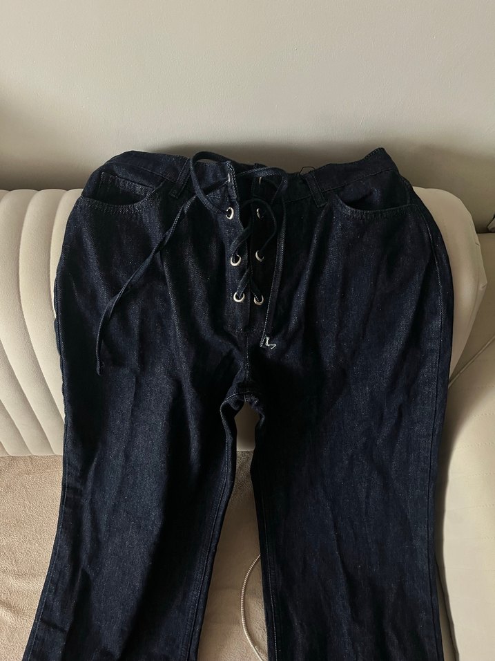 Kadın Bel Bağlamalı Bol Kesim Midi Kot Pantolon - Görsel 2