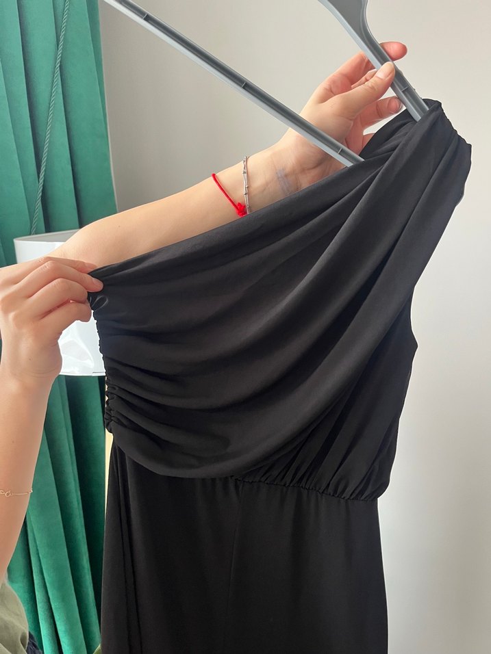 Siyah Drapeli Straplez Midi Kadın Tulum - Görsel 2