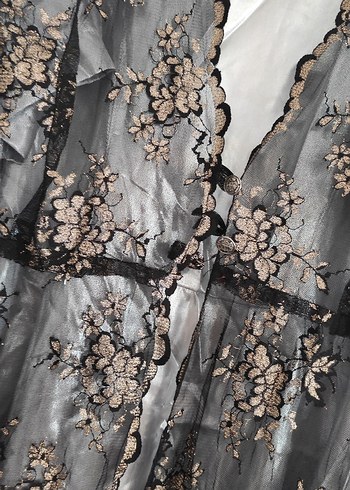 Gri Nakışlı Dantel Detaylı Uzun V Yaka Elbise - Görsel 2