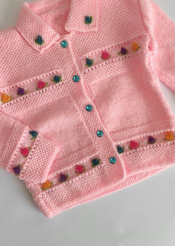 Kız Çocuk Pembe Nakışlı Triko Hırka - Görsel 2