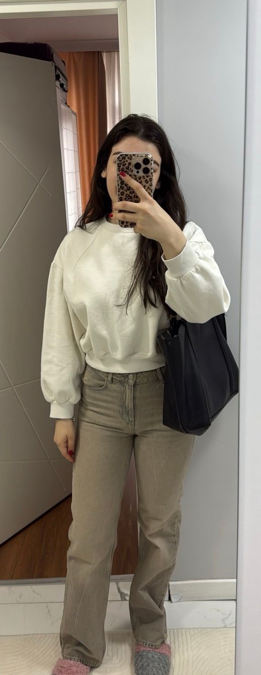 Bej Kadın Deri Sweatshirt - Görsel 2