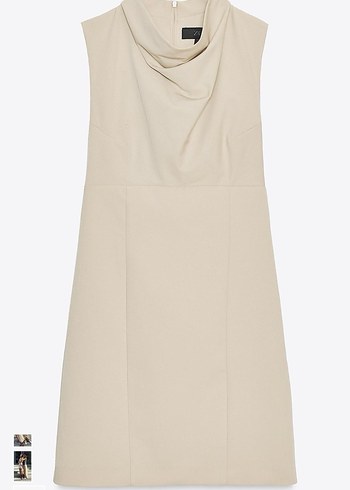 Bej V Yaka Kolsuz Midi Kalem Elbise - Görsel 2