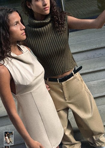 Bej V Yaka Kolsuz Midi Kalem Elbise - Görsel 7