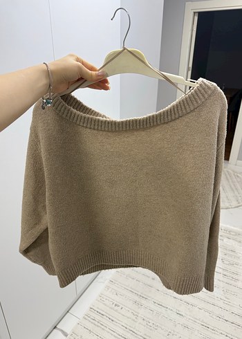 Bej Kadın Örgü Yün Triko Kayık Yaka - Görsel 2