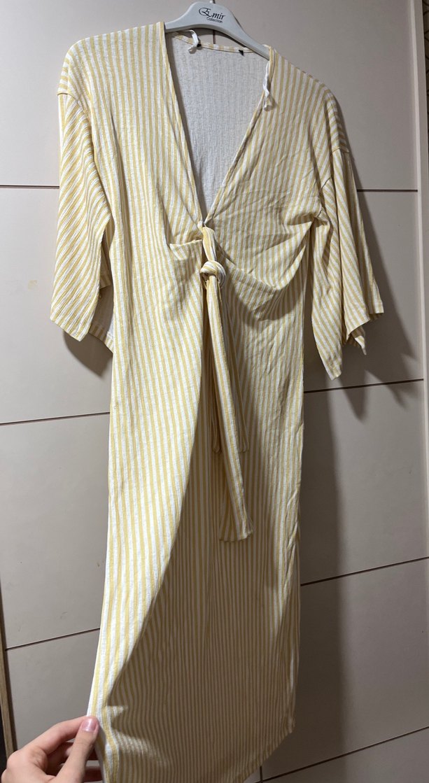 Sarı Çizgili Uzun Bohem Kadın Mayo Üstü Elbise - Görsel 2