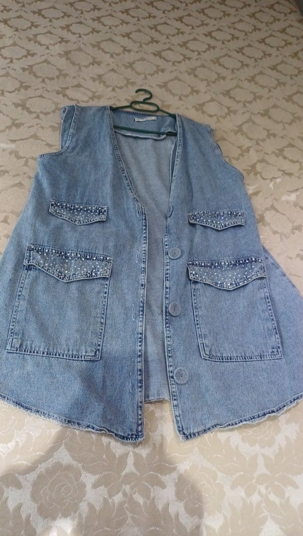 Düğmeli Kolsuz Mavi Kot Yelek - Görsel 2